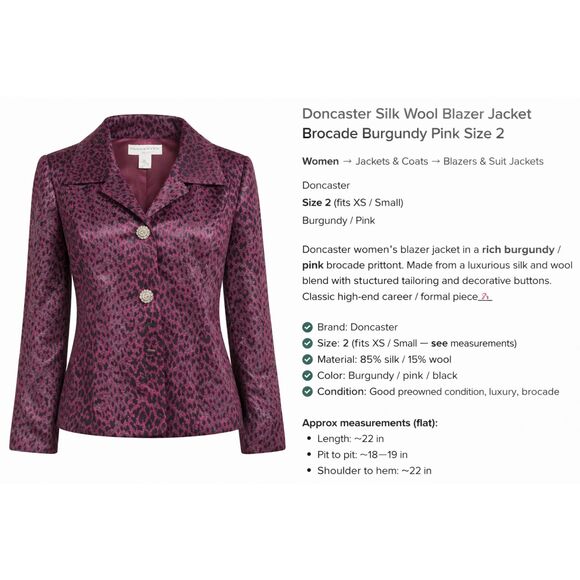 Doncaster Jackets & Blazers - Doncaster Silk Wool Blazer Jacket Brocade Burgundy Pink Size 2